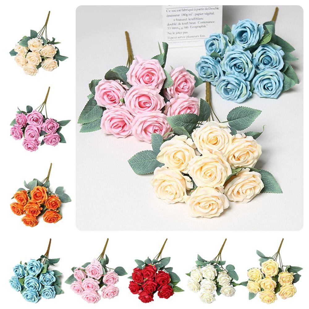 7 Heads Rose Artificial Flower Rolled Edge Green Leaves Faux Flower Multicolor Photo Props Simulation Rose Flower Party Supplies