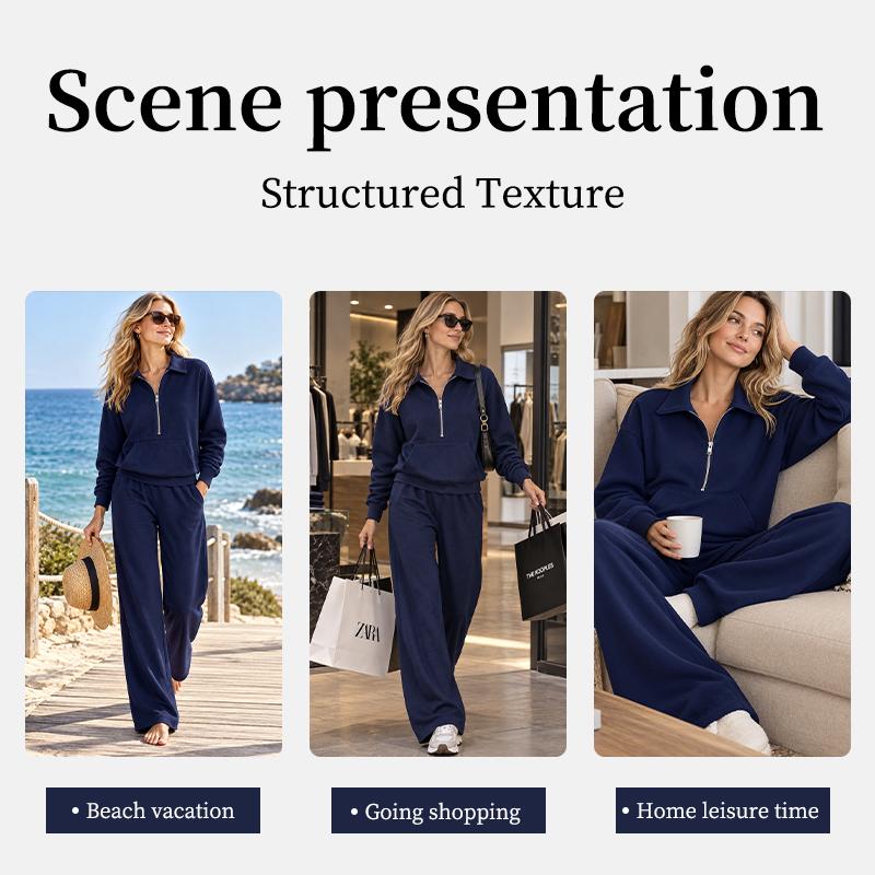 Conjunto de chándal de 2 piezas para mujer, sudadera con media cremallera y cuello, pantalones de pierna ancha, conjunto informal holgado para otoño e invierno