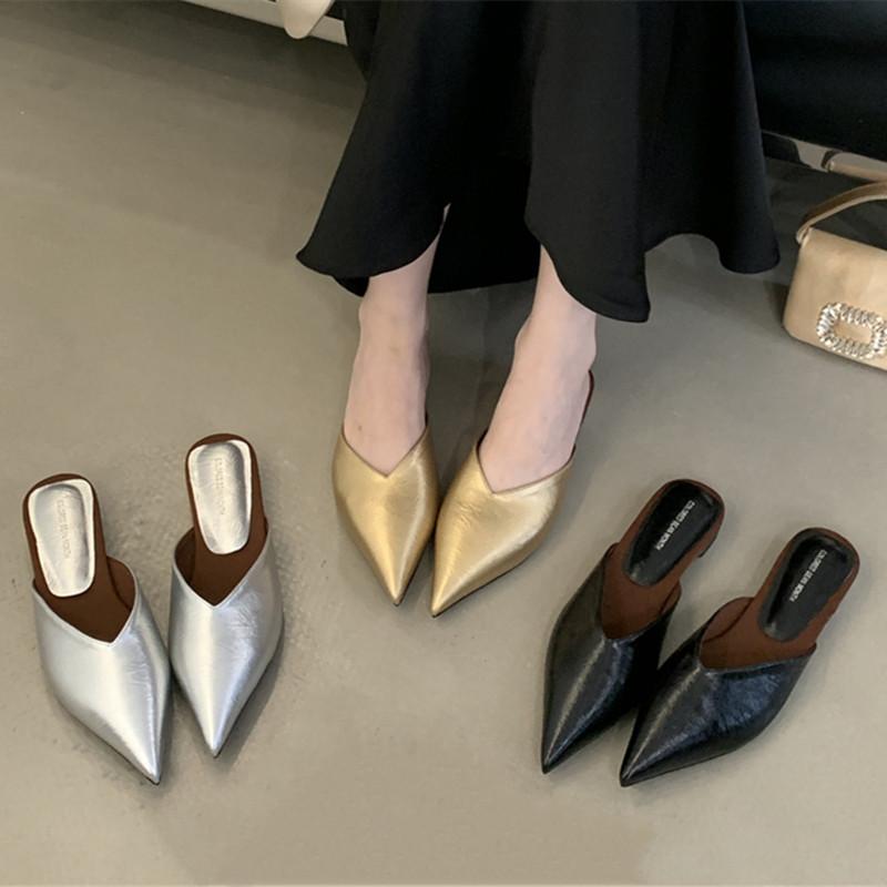 Fashion Bailamos 2025 New Brand Women Slipper Fashion Pointed Toe Slip On Ladies Elegant Mules Shoes Flat Heel Dress Sandals Mujer