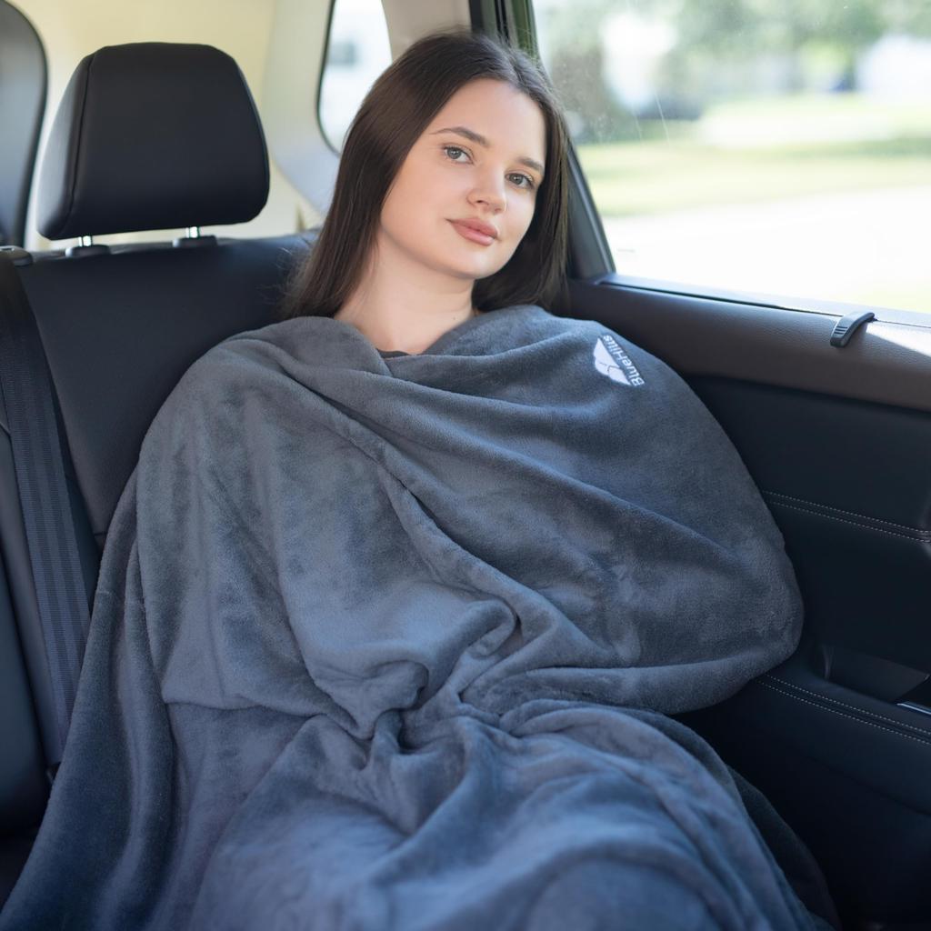 BlueHills Premium Soft Travel Blanket and Pillowcase for Flight Throw and Compact Large Warm Travel Airplane Portable Gray Airplanes, Blanket, Bag,