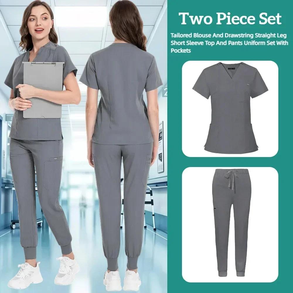Zdravotnický uniformní oblek Krátký rukáv V-výstřih Topy+jogger kalhoty Set Ošetřovatelská uniforma Dámská Vícebarevná Pet Doctor Scrub Lékařské pracovní oblečení