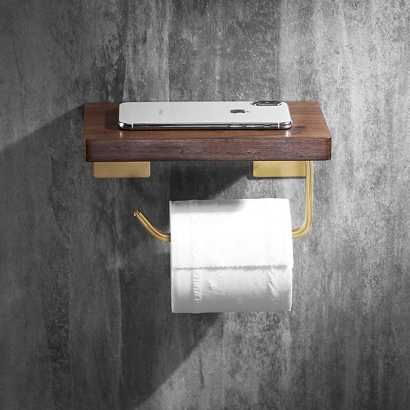 Solid Wood Bathroom Paper Towel Rack Wall Mounted Roll Paper Rack Mobile Phone Rack Bathroom Storage Rack Brushed Gold Aluminum