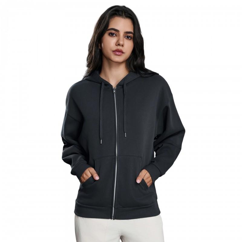 Womens Fleece-Lined Hooded Sweatshirt Winter Warm Loose Fit Zip-Up Jacket Casual Sport Outdoor