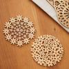 Hand-Carved Natural Birch Wood Cup Mat Hollow Floral Pattern Round Japanese Style Woodworking Home Decorative Accessories