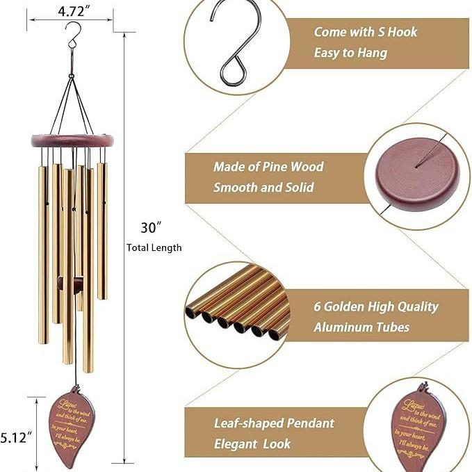 Gold Tone Metal Tubes Polished Wooden Top Engraved Leaf Pendant Bereavement Theme Patio Lawn Hanging Decorative Wind Chimes