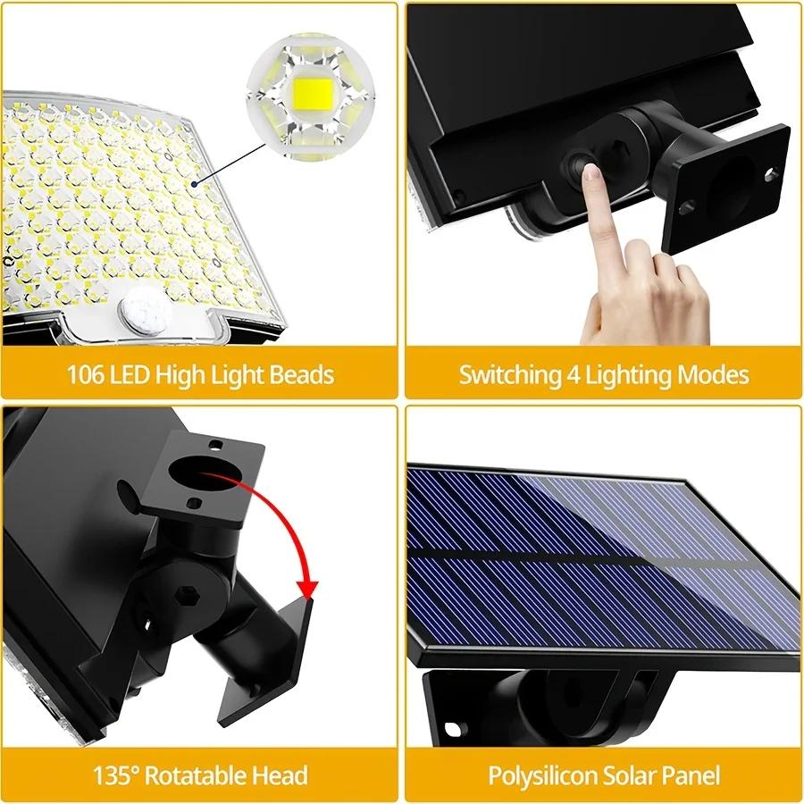 106 LED Solar-Wandleuchte IP65 Wasserdicht Außen-Bewegungssensor Sicherheitslampe mit Fernbedienung und 3 Modi für Garten Garage Terrasse