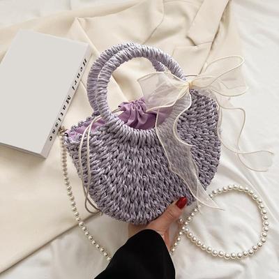 Bow Straw Bag For Women Pearl Strap Lady Beach Bag Woven Handmade Shoulder Bag Bohemia Top-handle Bag