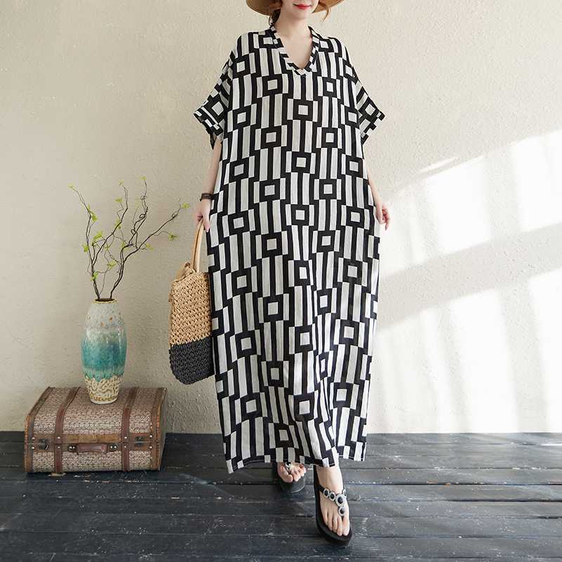 Sommarfärg Rese V-ringad Retro Lång Kjol Bomull Linne Klänning