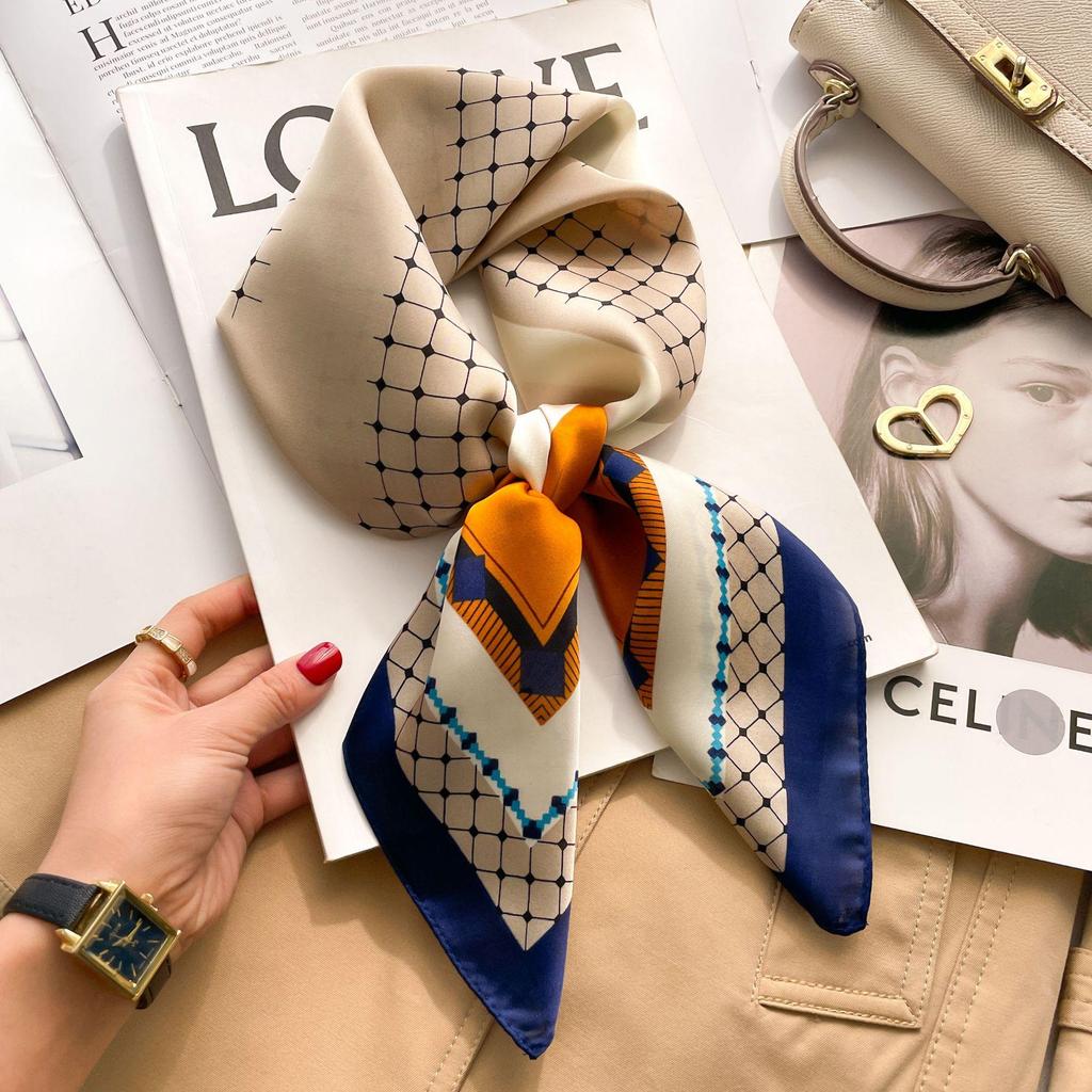 70cm Autumn Retro 3D Print Silk Scarf - Women's New Professional Square Imitation Ribbon
