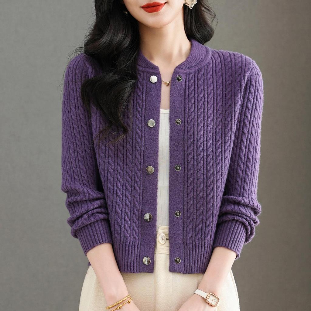 2025 Autumn/Winter Women's Thick Cable Knit Round Neck Cardigan Sweater Coat