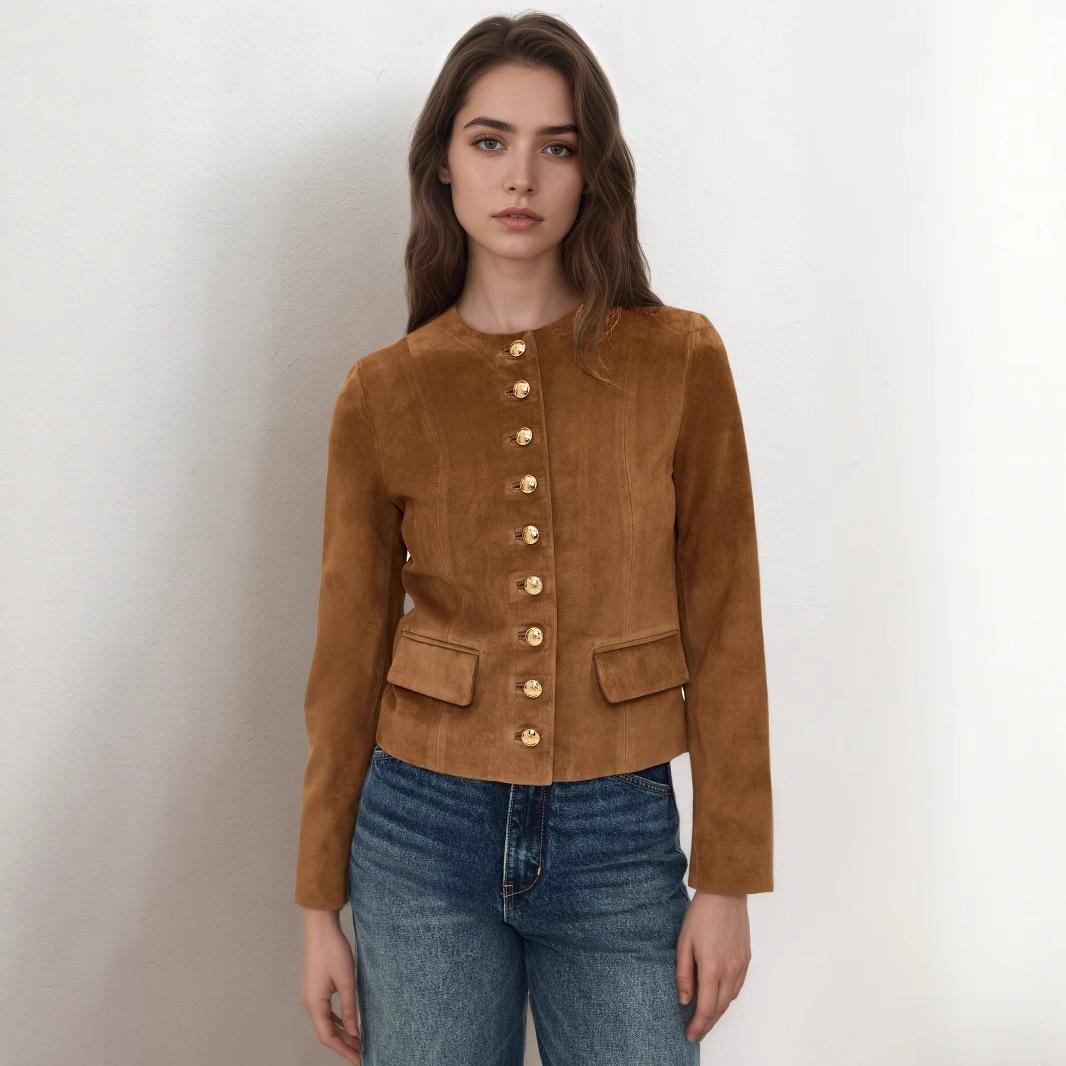Classic European and American metal single-breasted short versatile new suede air layer top short jacket autumn suede S