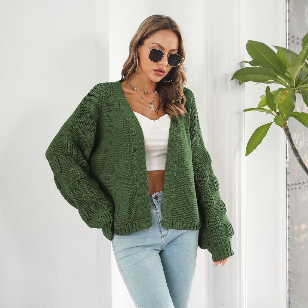 Bubble Lantern Sleeve Loose Knit Sweater Cardigan Coat Autumn and Winter Women's Sweater