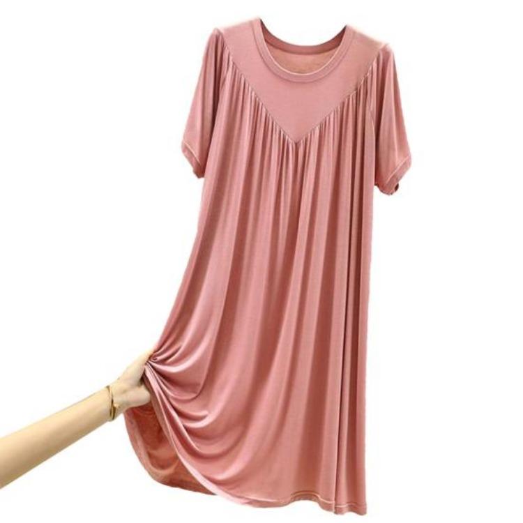 Summer Casual Dress Women Loose Knee Length Pullover Thin Midi Dress Short Sleeves Solid Color Pleated O Neck Daily Wear
