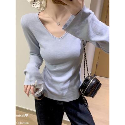 Temperament Collar Collarbone Flared Sleeve Knitted Long-sleeved T-shirt Women's Autumn Spice Girl Slim-fit Solid Color Bottoming Shirt with Top