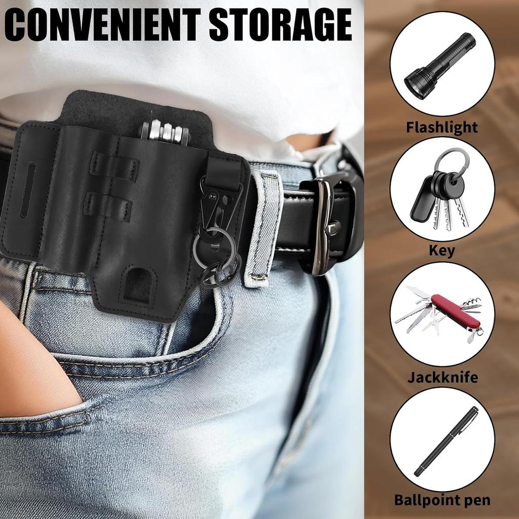 Multitool Sheath, Leather Tool Pouch with Belt Clip, EDC Pocket Organizer Holder, Belt Organizer Multitool Holster for Flashlight, Pen and Keys