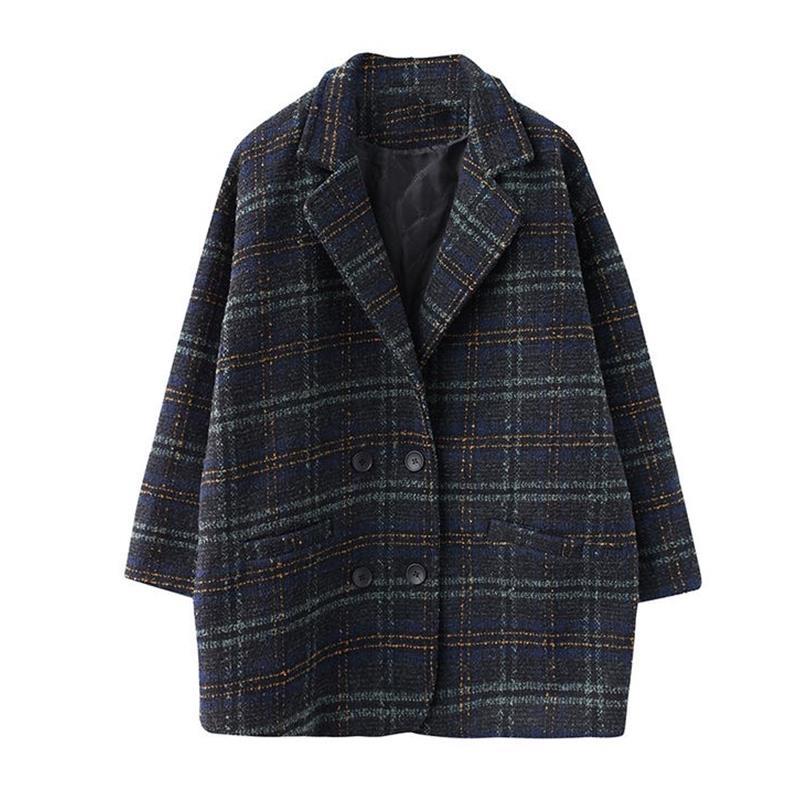 Herbst warm verdicken Damen Vintage Woll karierten Mantel für den Winter