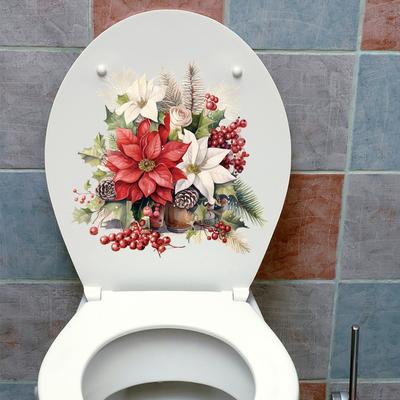 Weihnachten, Rote Blumen, Toilettenaufkleber, Toilettendekorationen, Badezimmerdekorationen, Selbstklebend
