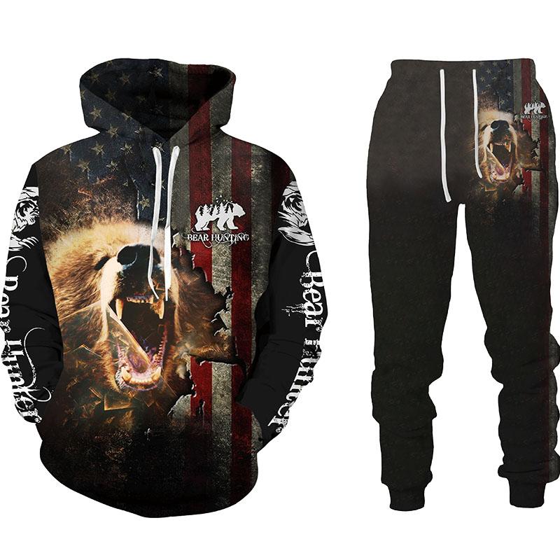 Herren Hoodie Sets Jagd Bär Bogenschütze Tarnung 3D-Druck Hoodies Trainingsanzug Jogginghose 2-teilige Sets Kleidung Übergroß