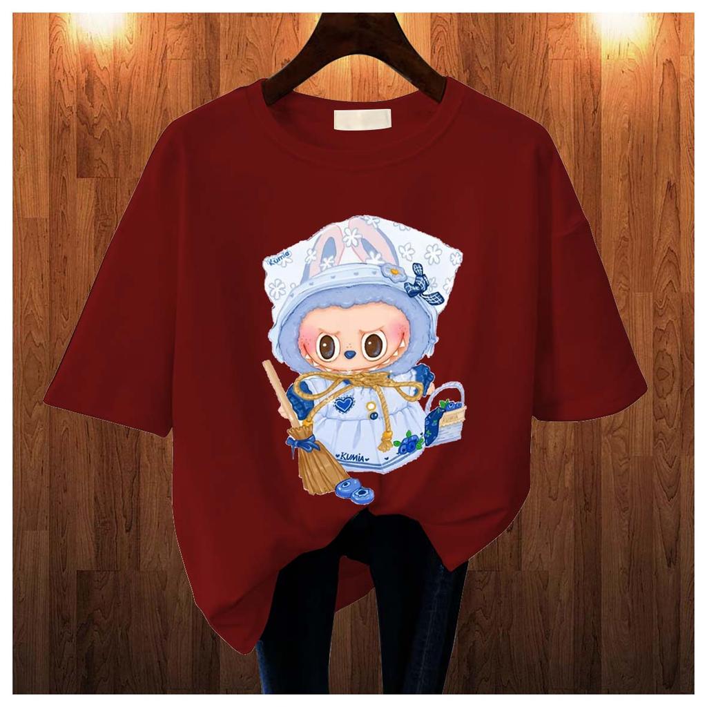 New Labubu Children's T-shirt Maid Outfit LABUBU Pattern Round Neck Short Sleeved Casual Versatile Girl's Top