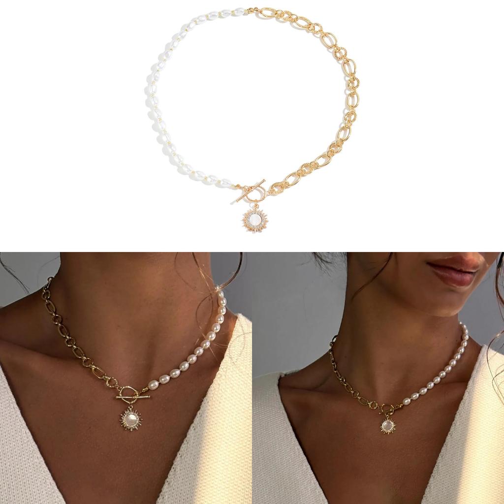 Chain Necklace With Faux Pearl Pendant And Sun Star Motifs For Women
