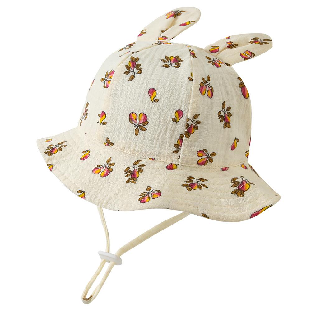 Baby Gauze Bonnet with Bunny Ears Pleated Print Fisherman Hat Sun Protection  Cute European Style Infant Cap for 3-12 Months