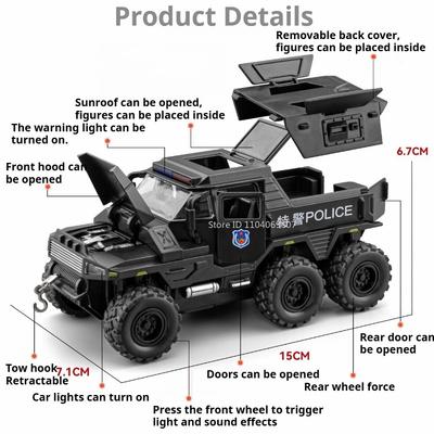 1:32 Scale Conqueror Sabertooth Police Car Model Toy Sound Light Pull Back Simulation Armored Vehicles Models Collectible Item
