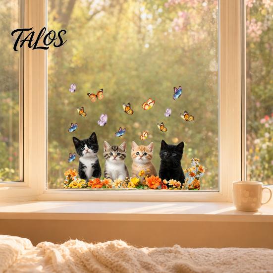 Non-damaging Glass Decal Cat Butterfly Static Sticker, Waterproof Animal Window Decoration Sticker Decal, Removable Pet for Bedroom Balcony
