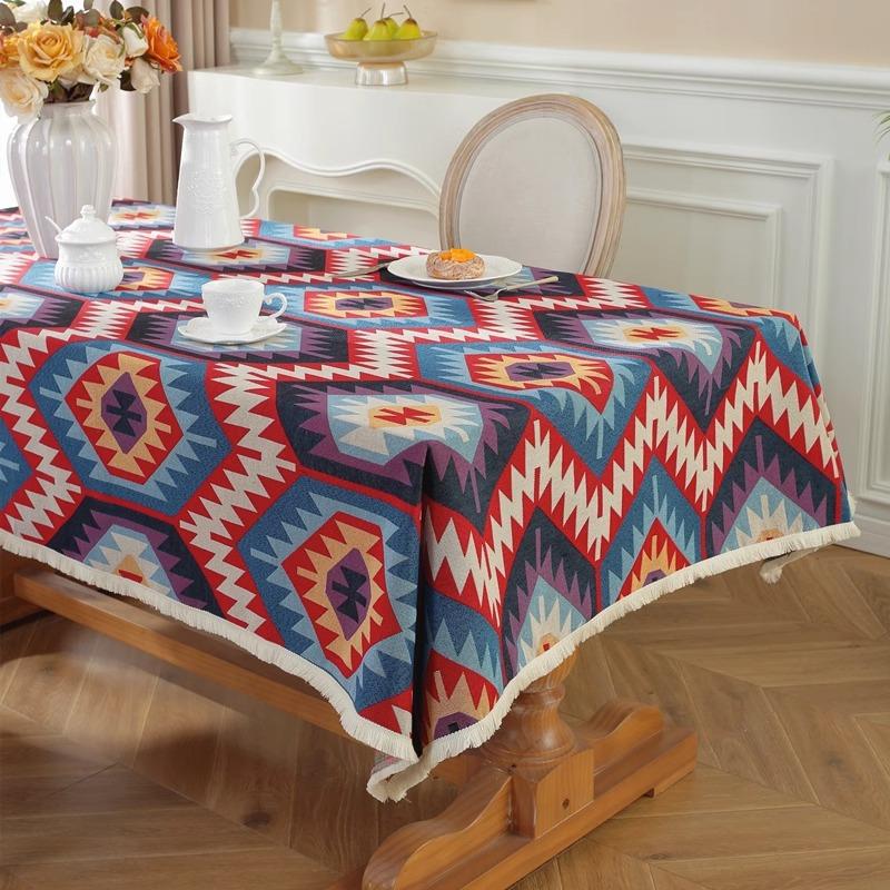 Bohemian Geometric Pattern Tablecloth Cotton Linen Rectangular Dining Table Cover Tea Table Runner