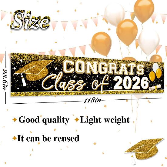 Large Congrats Grad Banner Gold Class of 2026 Banner Backdrop Graduation 2026 Yard Sign for Graduation Party Supplies Graduation Decorations 2026