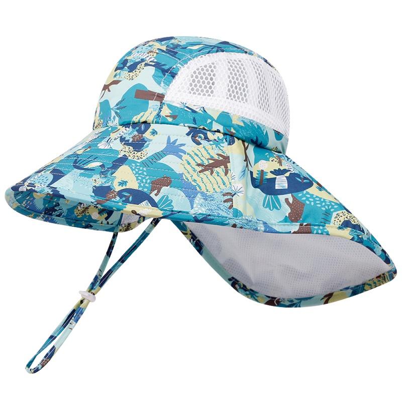 

2026 Kids Summer Hat with Shawl Cartoon Kids Bucket Hats Neck Protection Children Panama Cap Beach Travel Child Sun Hats 4-10Y синий