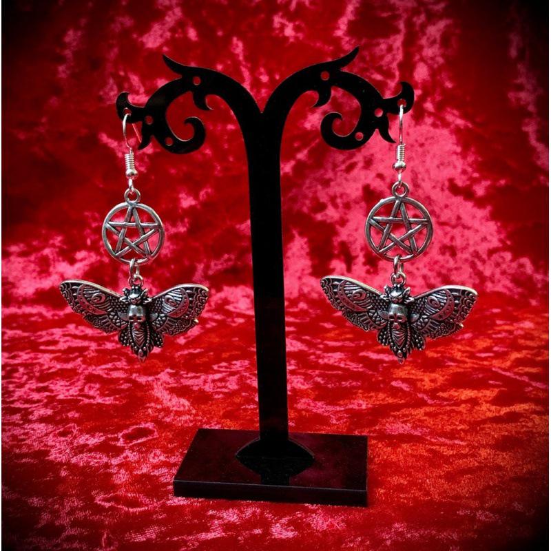 Silver Skull Moth Earrings: Gothic Pagan Jewelry for Halloween Fashion