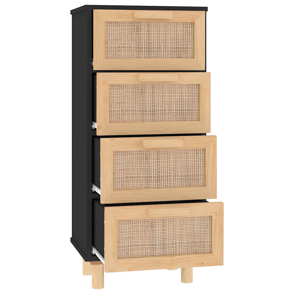 Sideboard Black 40x30x90 cm Solid Pine Wood and Natural Rattan