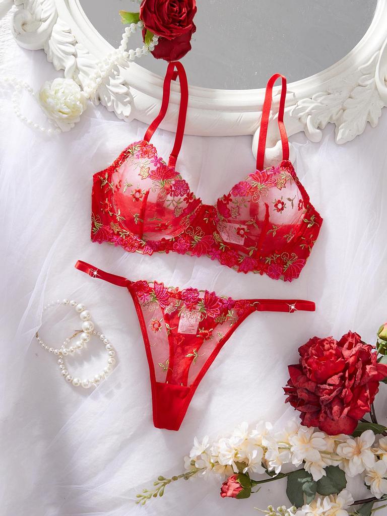Cross-border European & American Sexy Floral Embroidery Lingerie Set: Underwire Push-Up Bra & See-Through Panties