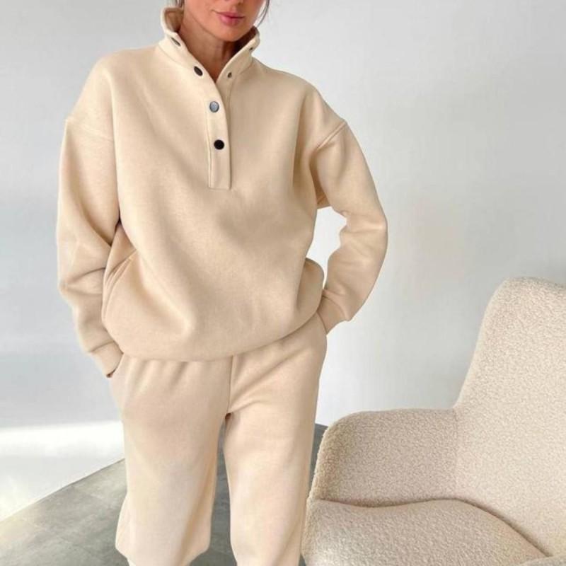 Heiße Mode Damenkleidung Modische Knöpfe Stehkragen Pullover Lockere Hosen