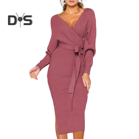 Sukienka damska na jesień i zimę z dekoltem w serek, sznurowana, z paskiem, wąska w talii, jednokolorowa, dzianinowa, elastyczna, do połowy łydki, z długim rękawem, dopasowana, damska sukienka dojazdowa