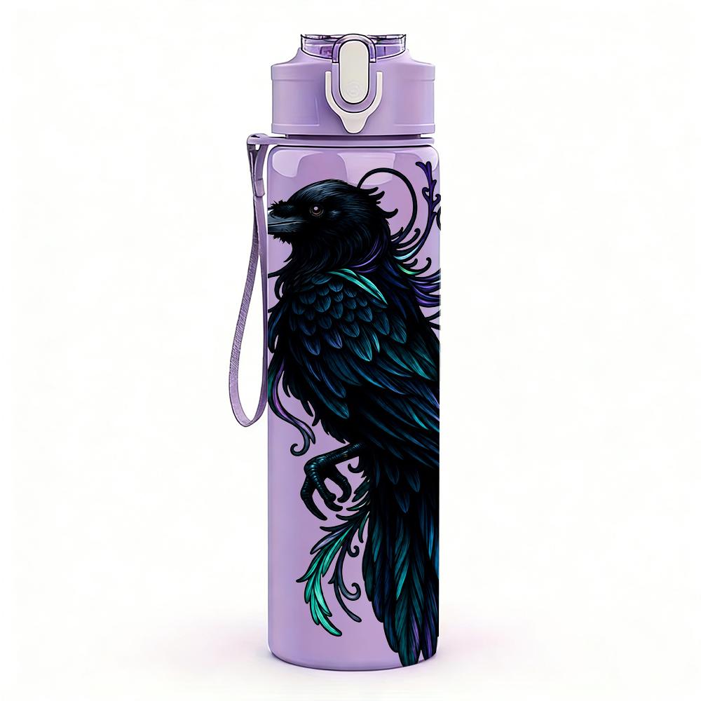 1PC Feather Crow Dark Art Portrait 750ml Color Plastic Sports Water Bottle Leakproof Flip Straw Lid Suitable for Sports Office Home Use