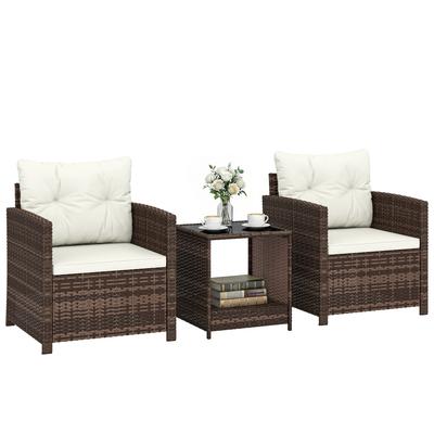 Rattan Bistro Set, 3-piece Garden Furniture Set with 2 Armchairs, 2-Tier Glass Table, Removable Seat Cushions Cream White