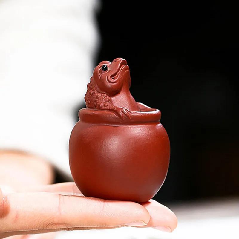 Yixing Sculpture Purple Clay Tea Pet Ornaments Lucky Golden Toad Statue Tea Figurine Crafts Home Tea Set Decoration Handmade Art
