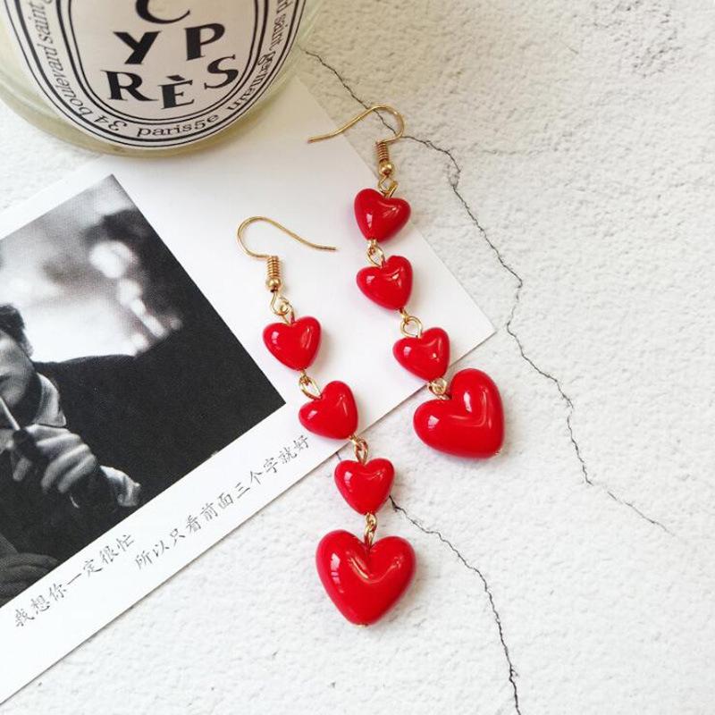 Trendy Long Heart Dangle Earrings for Women Red White Acrylic Hearts Shape Beads Drop Earrings Wedding Party Elegant Jewelry