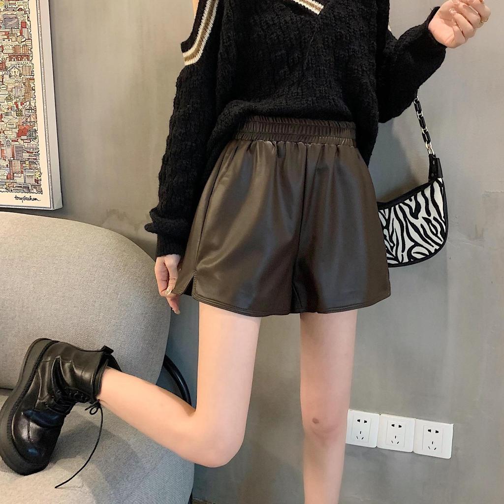 Damen-Shorts mit hoher Taille und weitem Bein aus APU-Leder – schmal, lässig, vielseitig, elastischer Bund für Herbst/Winter