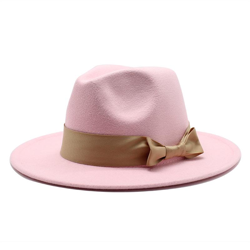 2020 Woolen Top Hat Men'S And Women'S Flat-Brimmed Big Eaves Hat Solid Color Versatile Bow Straight Edge Jazz Hat 22 Colors