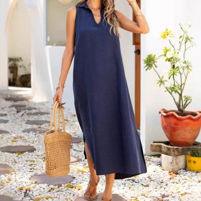 Rochie lungă de vară pentru femei, din bumbac și in, cu guler în V, fără mâneci, lejeră, cu mâneci lungi, rochie de plajă