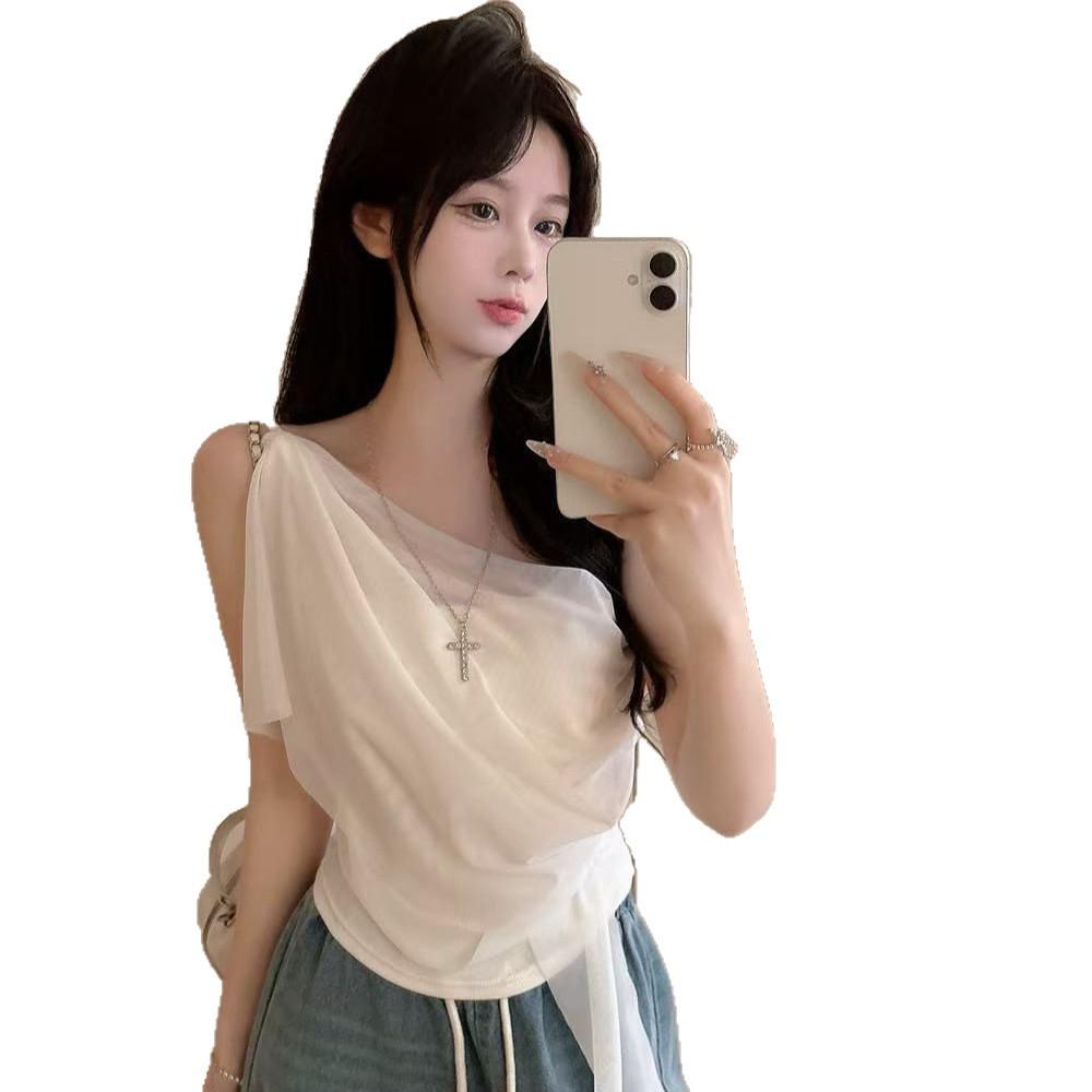 Summer new pure desire wind irregular slanted shoulder mesh sling vest women's design streamer slim top