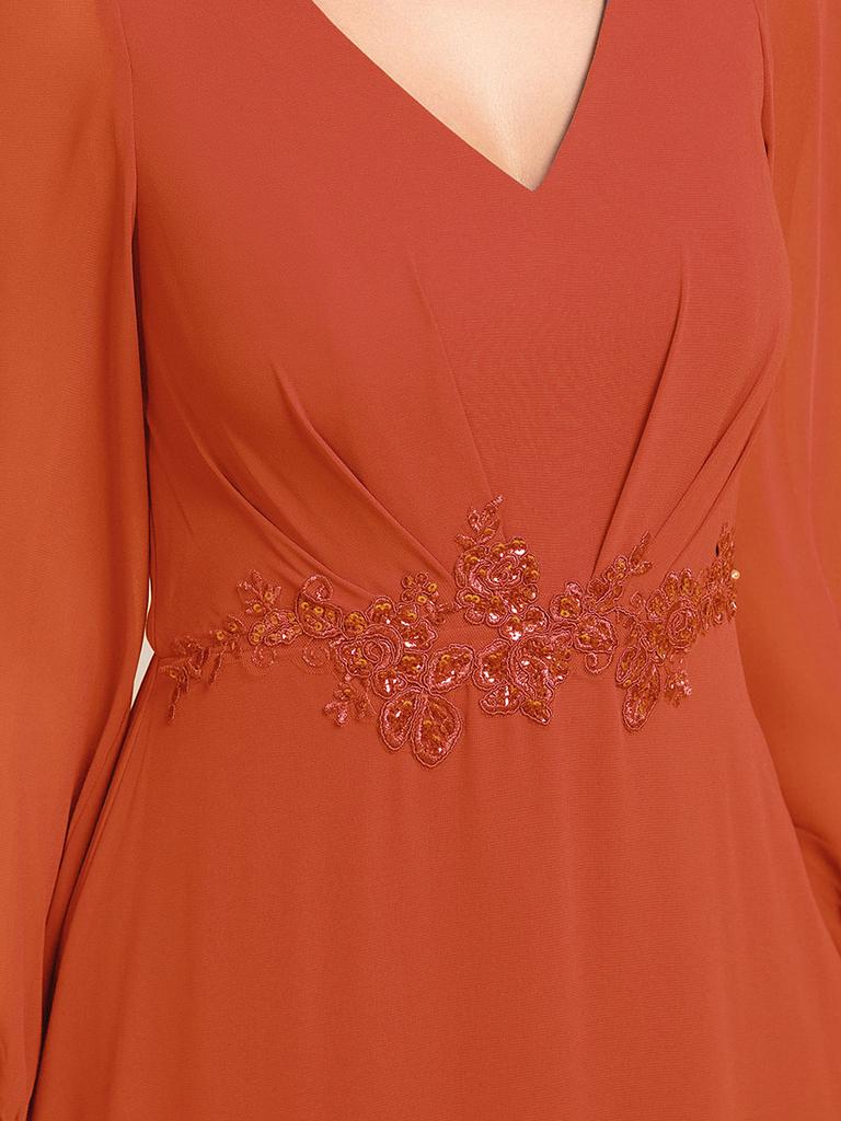 Ever-Pretty Women's Waist Applique Lantern Sleeve Chiffon Evening Dresses with Asymmetrical Hem