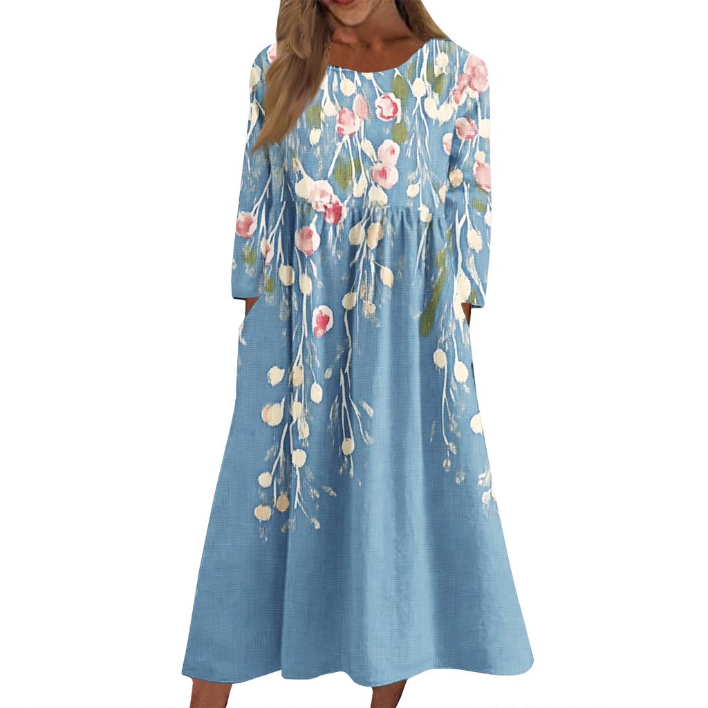 Rochie Midi Casual de Damă cu Gât Rotund, Imprimeu Floral, Mânecă Lungă, cu Buzunare