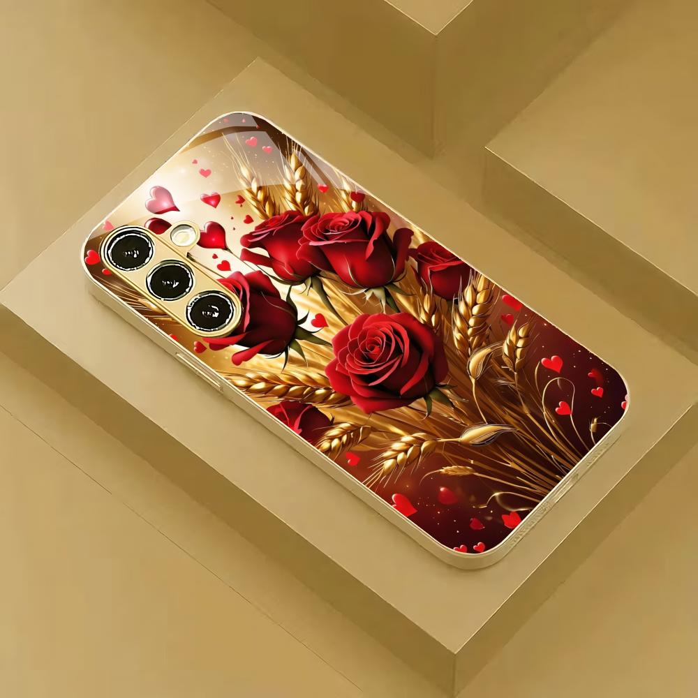 Red rose gold plated glass phone case suitable for Samsung Galaxy S26 S25 S24 S23 S22 S21 S20 FE/Ultra/Plus anti drop back cover