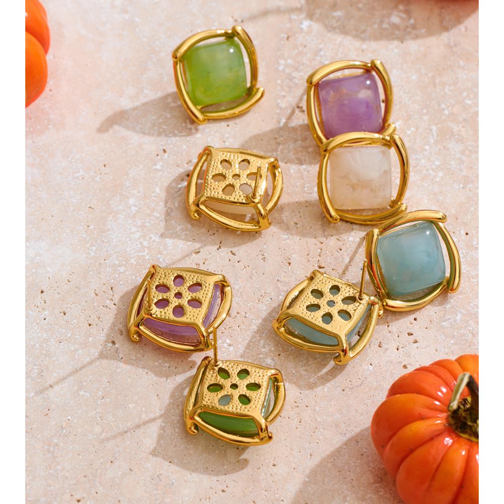 Yhpup Joyful Candy Multi-Color Resin Acrylic Square Stud Earrings Stainless Steel Y2K Popular Jewelry Blue Green Purple White