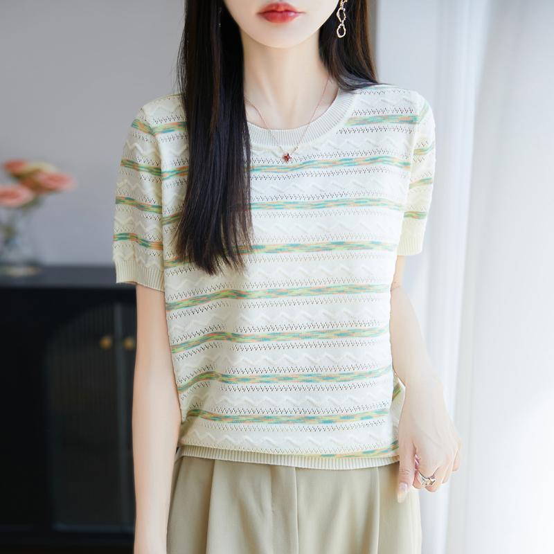 Women Knit T-shirt Summer Knitted Shirt Short Sleeve Tees O-neck Pullover Knit Tops Female