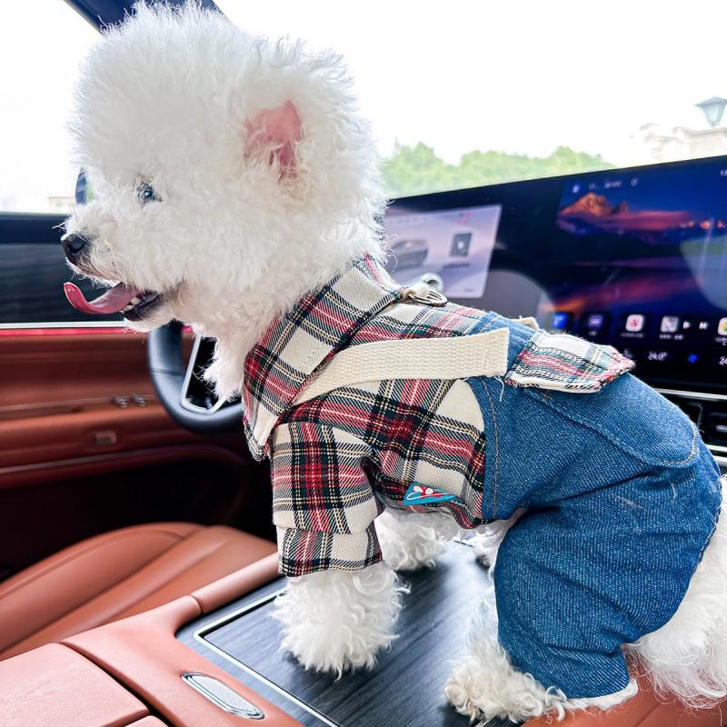 Pet Winter Warm Cotton Outfit Dogs Cats Red Plaid Suspender Pants Soft Fleece Lined Casual Wear