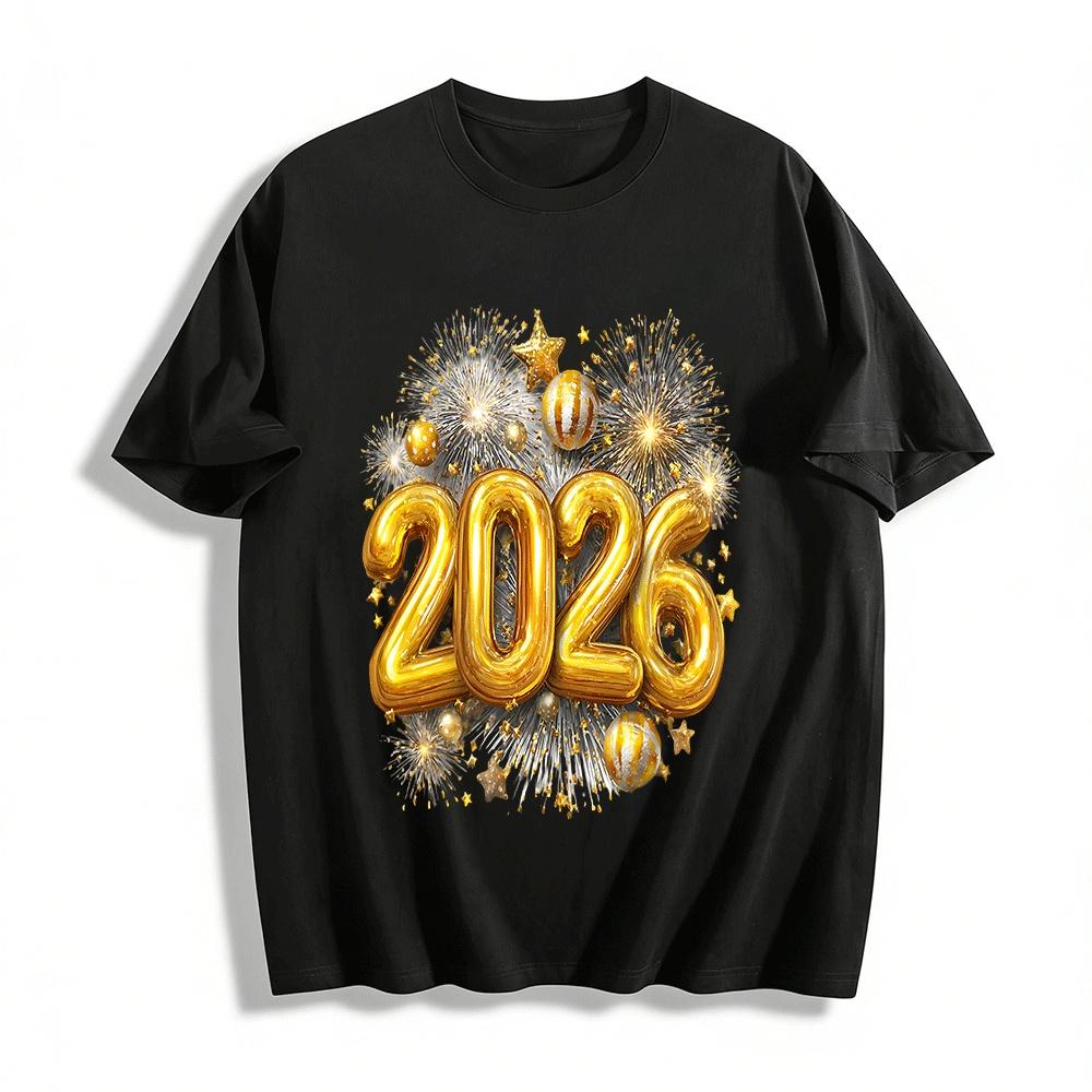 2026 New Year Fireworks Balloon Print Casual Top Pure cotton T-shirt XXS